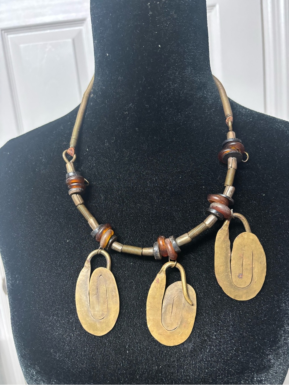 Handcrafted Brass and Amber Bead Statement Necklace